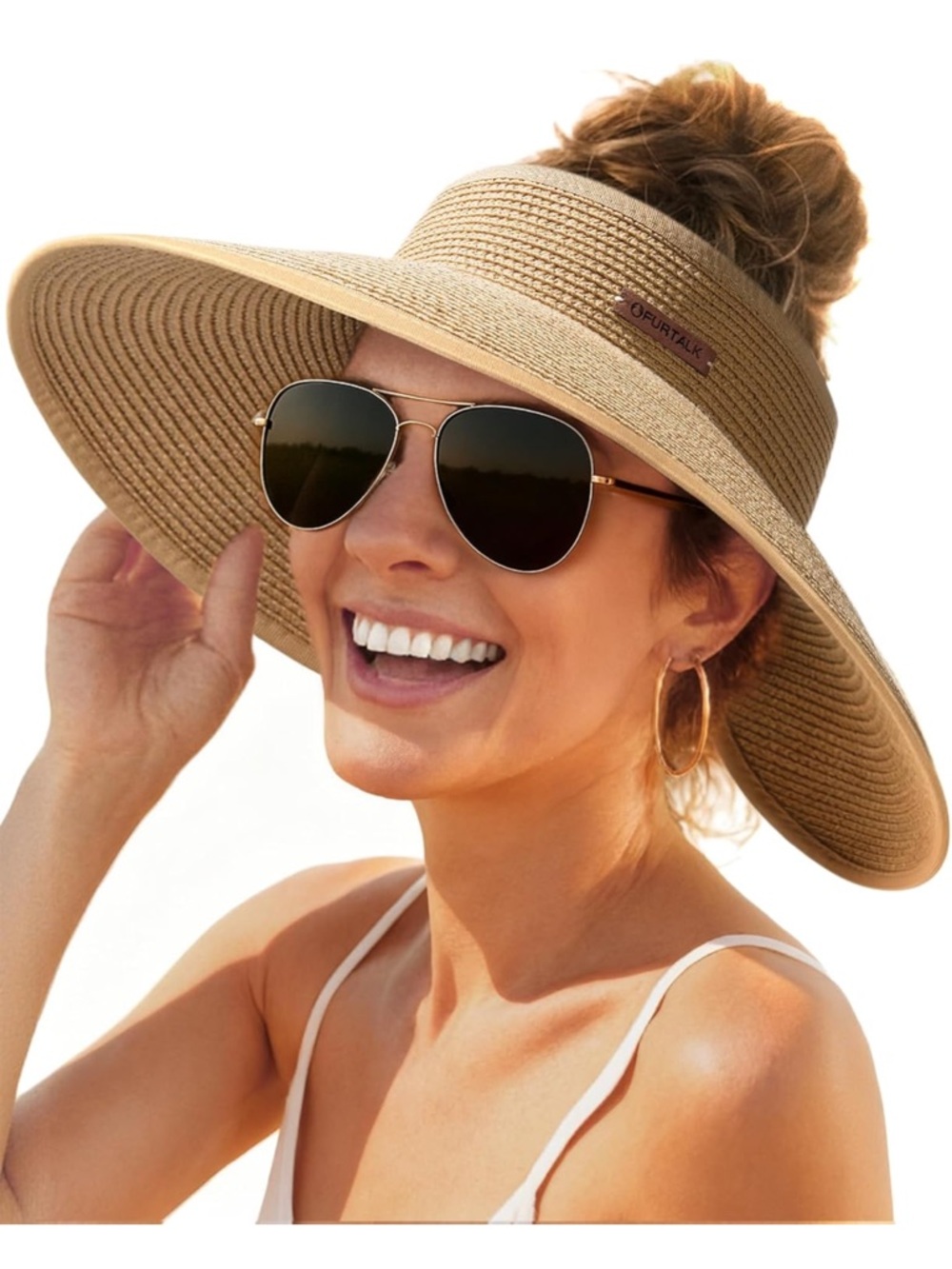 Wide Brim Straw Visor Sun Hat in Tan
